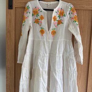 Maje Linen White Dress with floral embroidery